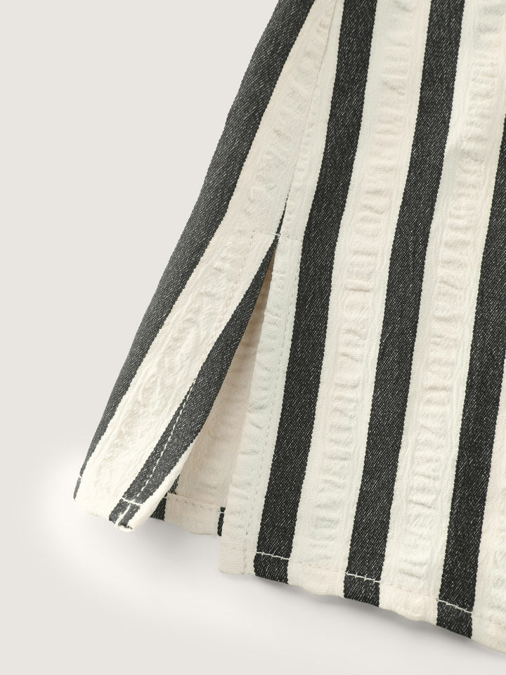 Striped Collar Textured Half-Placket Blouse