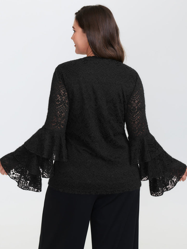 Stretchy Layered Sheer Lace Trim Knit Top