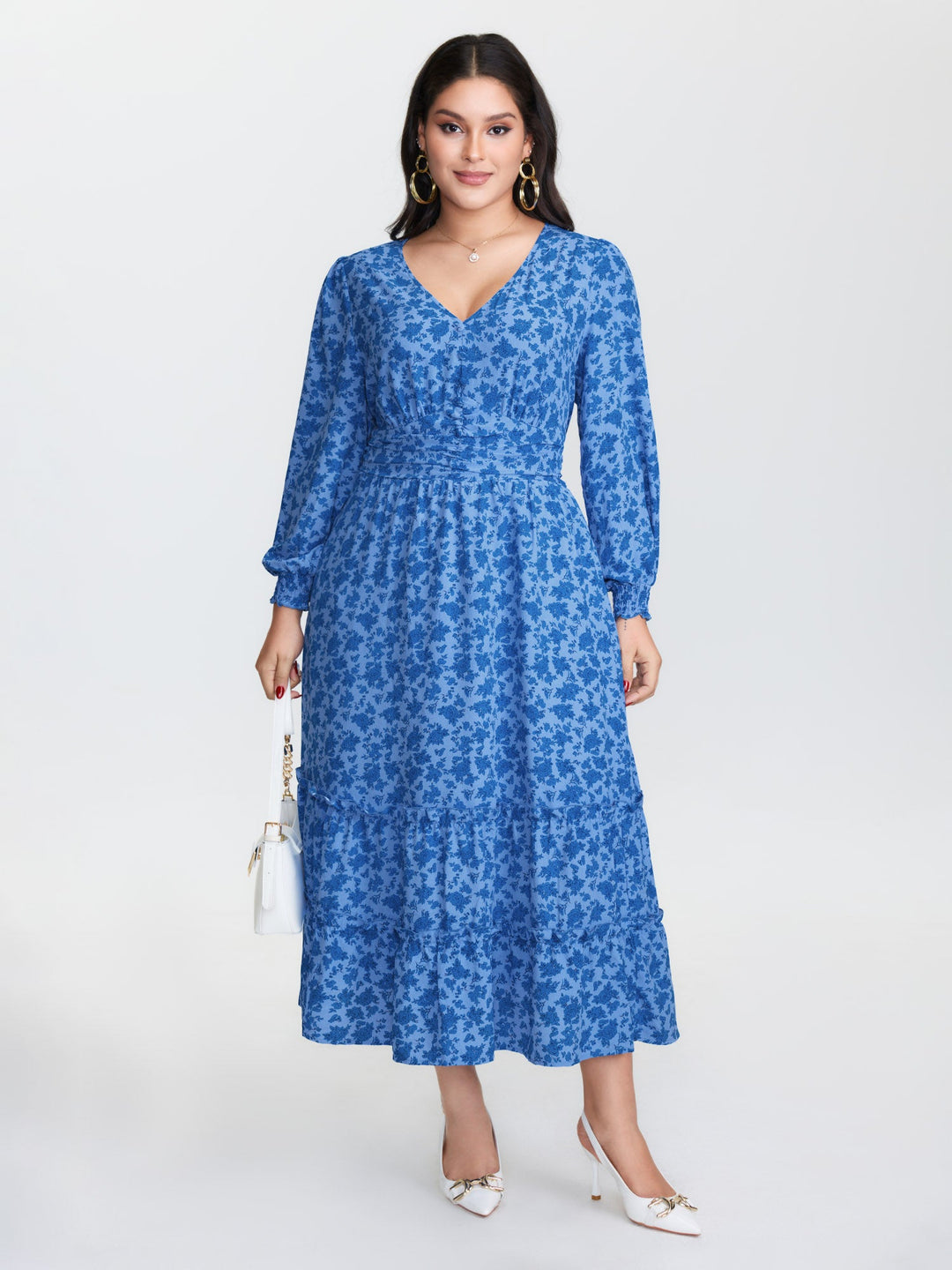 Floral Pleated Waist Button Ruffled Midi Dress