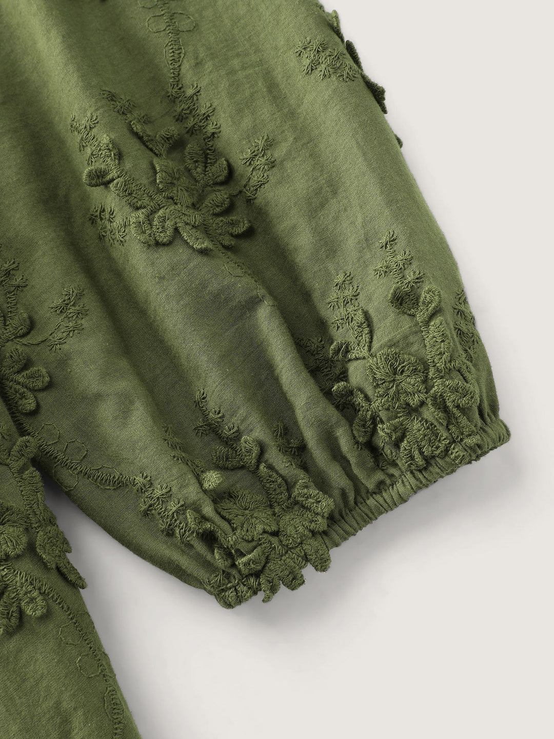 Textured Embroidery Shirred Square Neckline Midi Dress