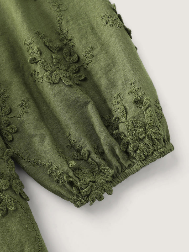 Textured Embroidery Shirred Square Neckline Midi Dress