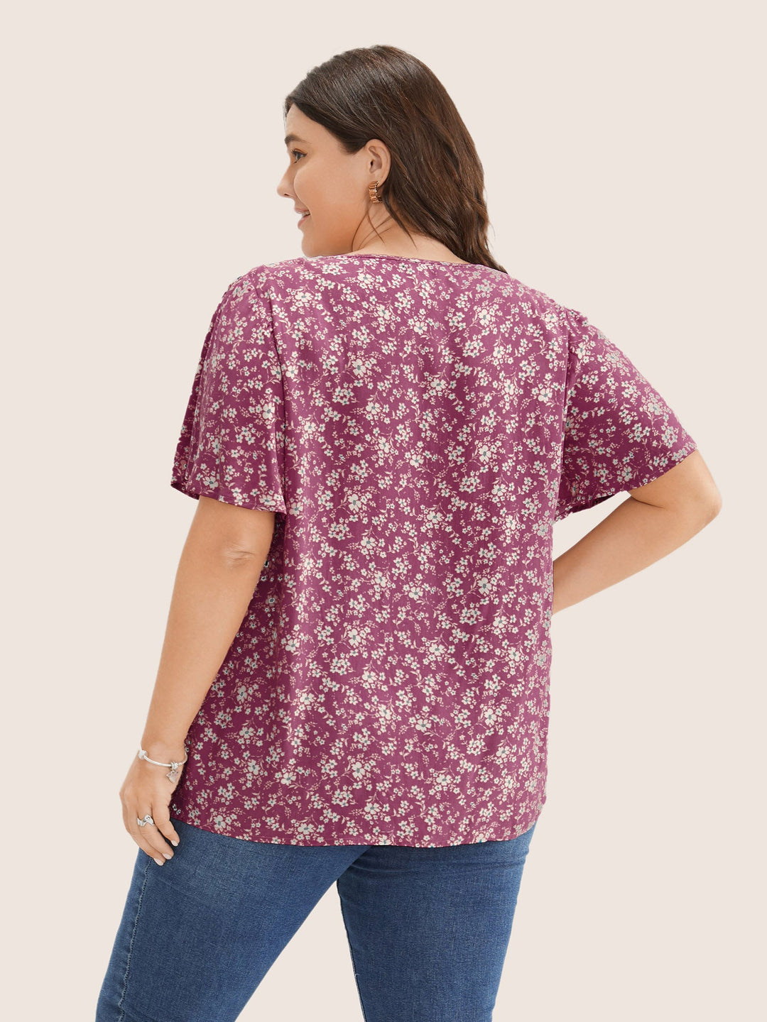 Ditsy Floral Contrast Ruffle Sleeve Button Detail Blouse