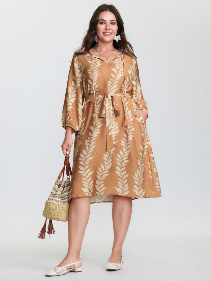 Leaf Print Waist-Tie Round Neck Midi Dress