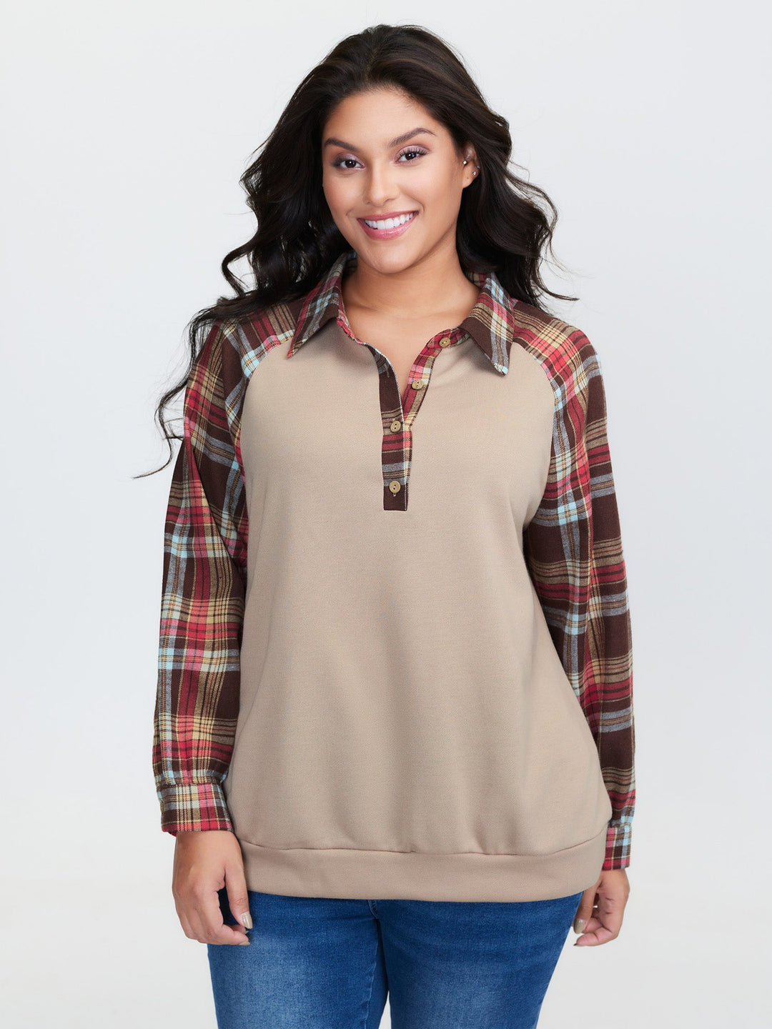 Polo Collar Plaid Contrast Half-Placket Sweatshirt