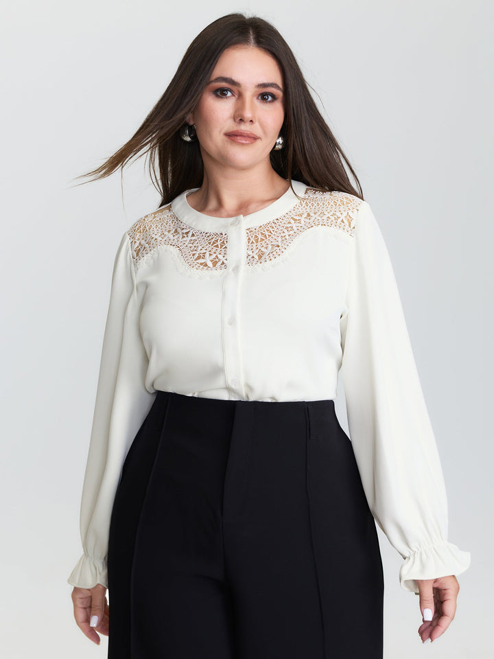 Sheer Neckline Ruffled Cuff Sleeve Blouse