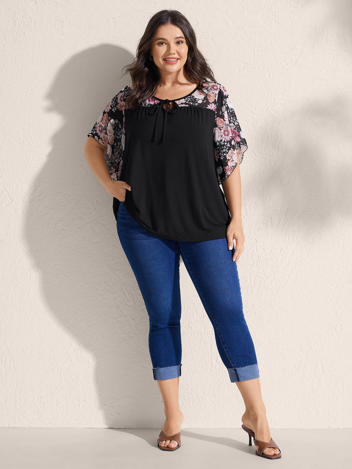Supersoft Floral Ruffled Sleeve Neck Tie Knit Top