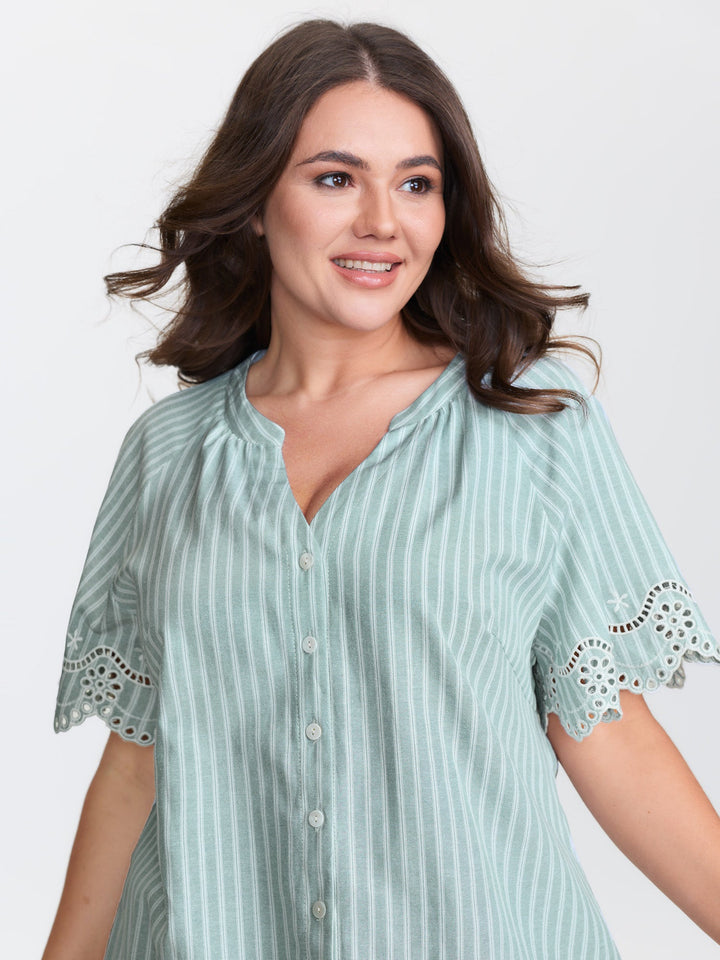 Striped Cut-Out Embroidery Blouse