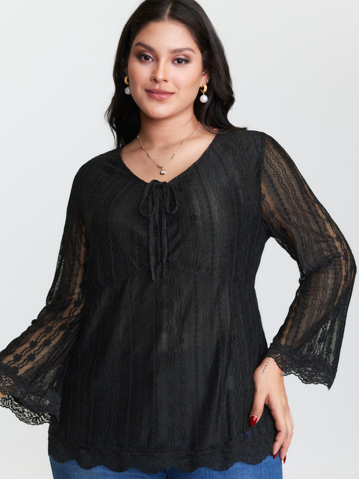 Lace Ruched Drawstring Neckline Knit Top