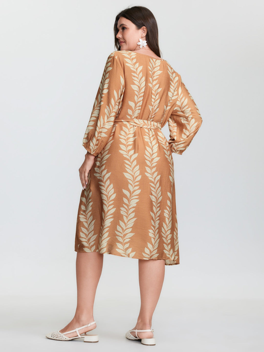Leaf Print Waist-Tie Round Neck Midi Dress