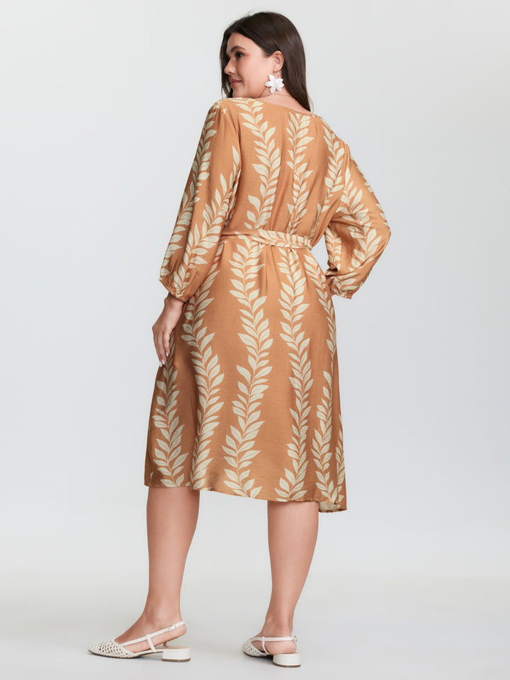 Leaf Print Waist-Tie Round Neck Midi Dress