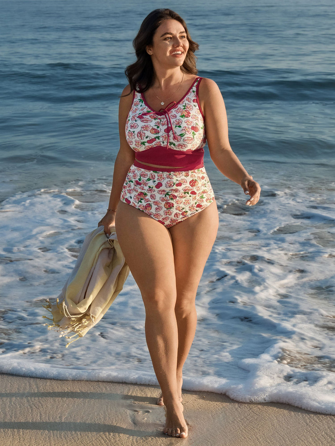 Floral Print Drawstring Front Swim Top