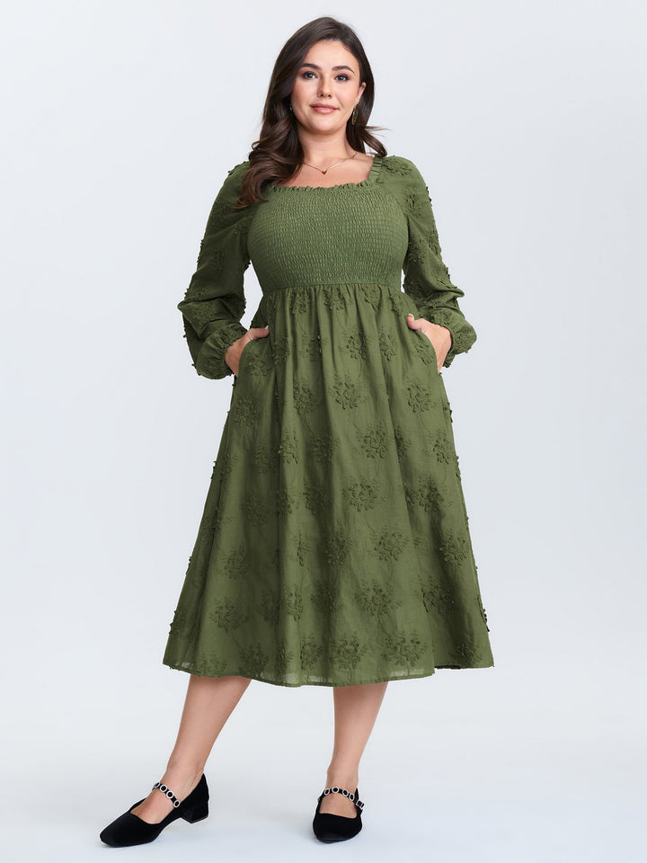 Textured Embroidery Shirred Square Neckline Midi Dress