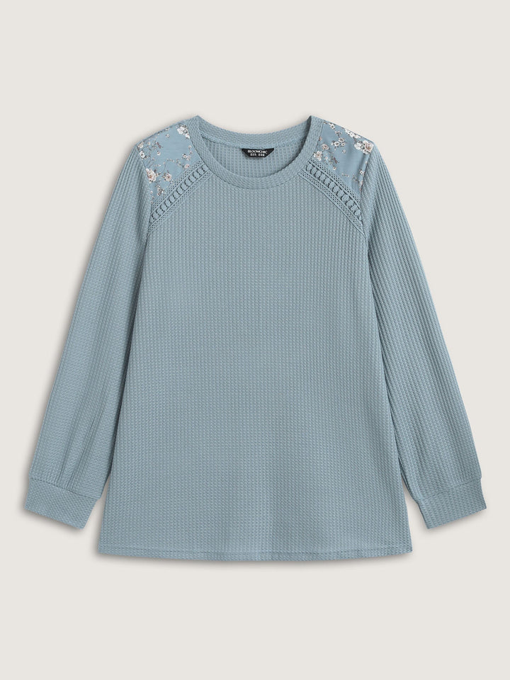 Waffle Spliced Floral Lace Sweatshirt