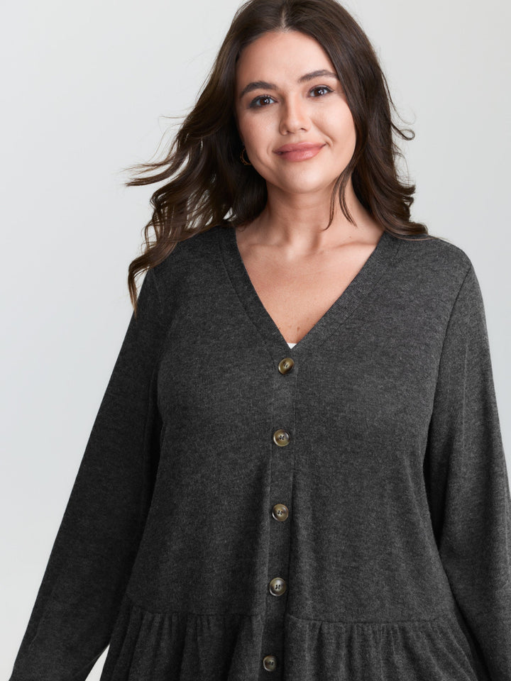 Textured Ruffled Hem Button Blouse