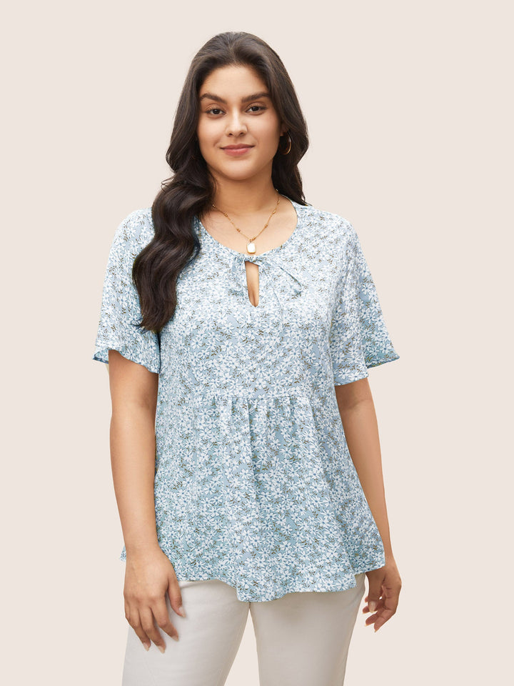 Ditsy Floral Ruffle Sleeve Gathered Ties Blouse