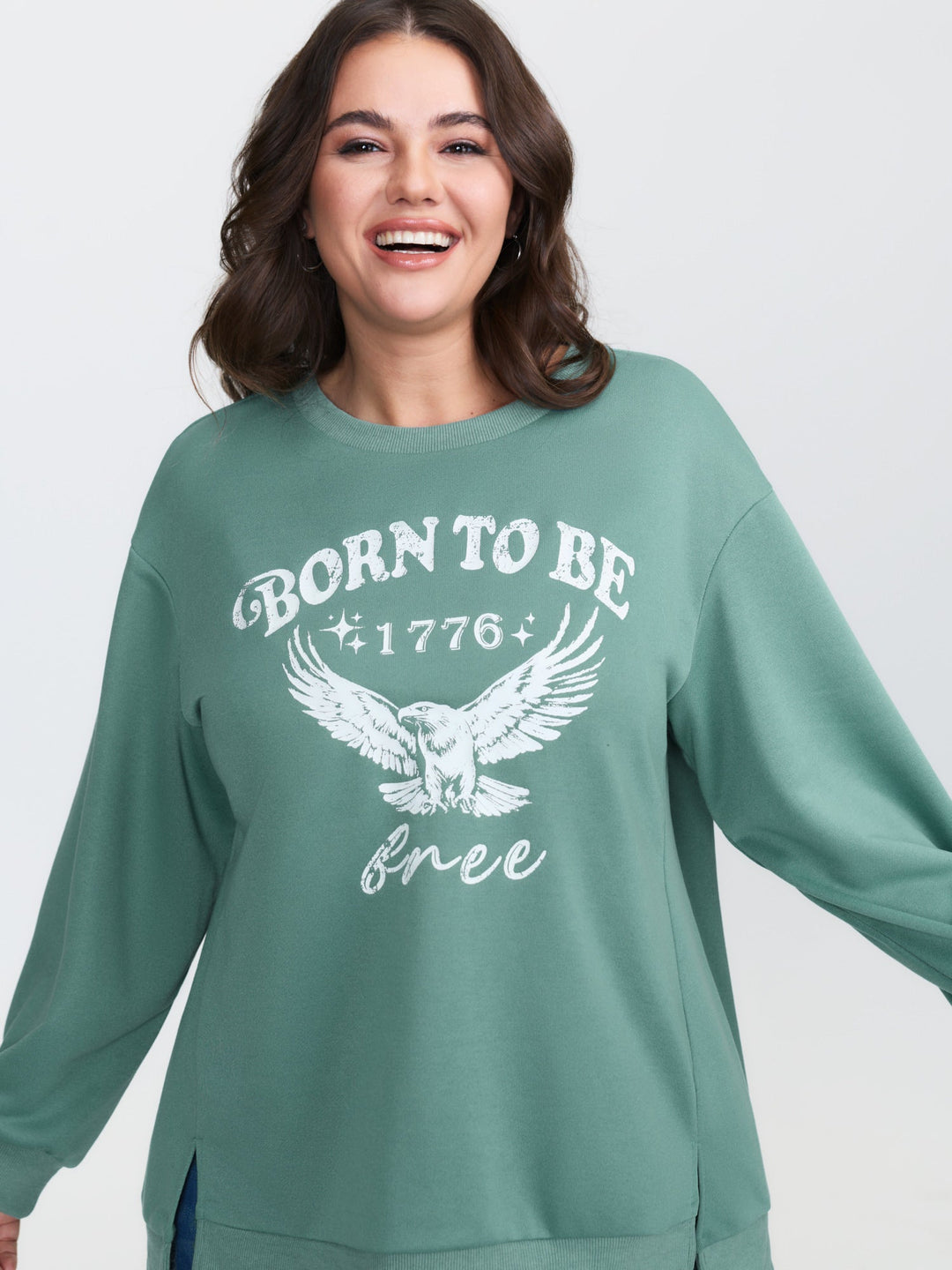 Printed Slogan Slit Sides Ribbed Sweatshirt