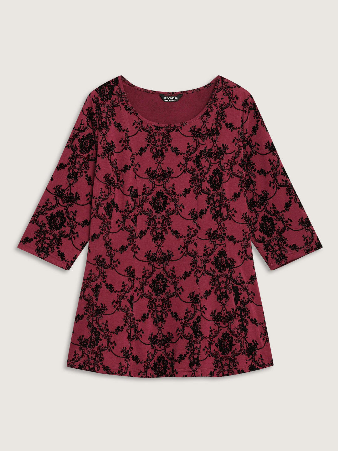Boho Print Flocking Knit Slim-Fit Top