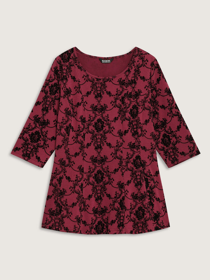Boho Print Flocking Knit Slim-Fit Top
