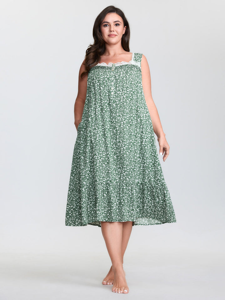 Floral Lace Trim Color Contrast Sleep Dress