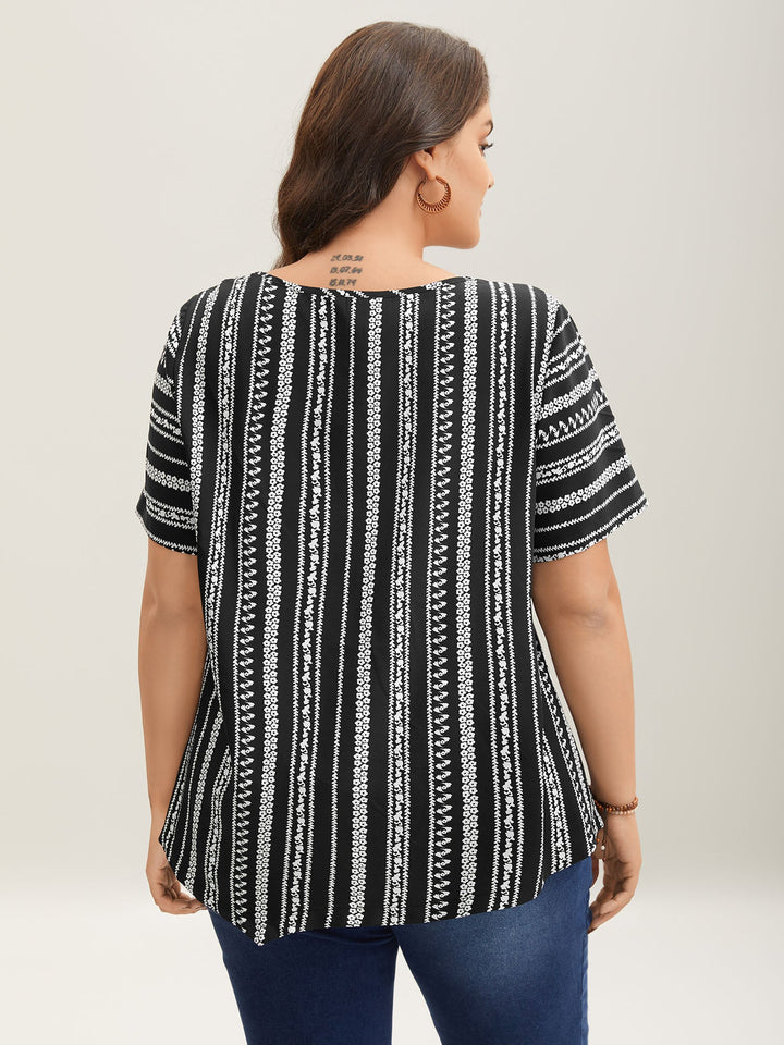 Striped Overlap Print Curvy Hem Blouse