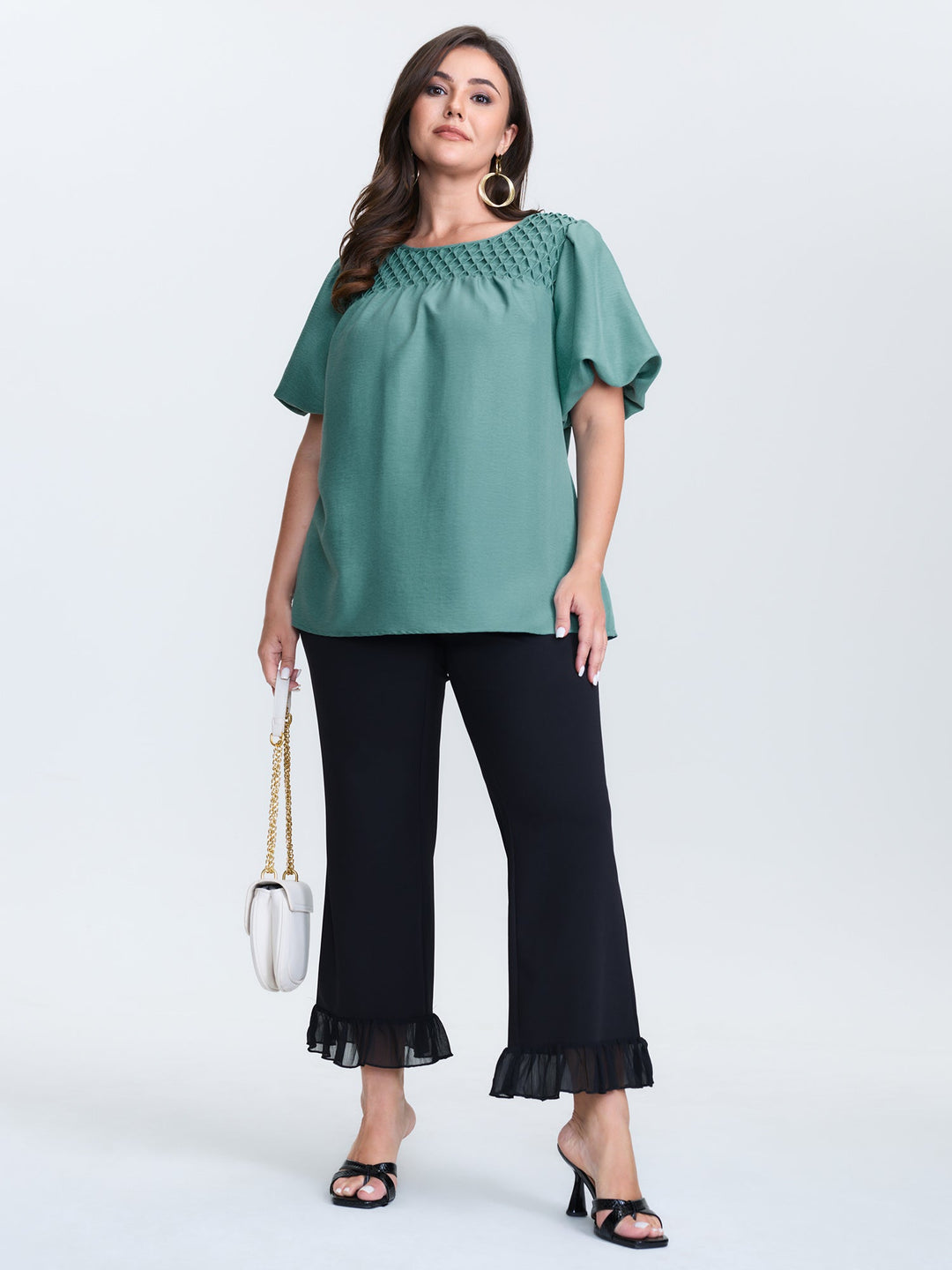 Shirred Handmade Detail Bubble Sleeve Blouse