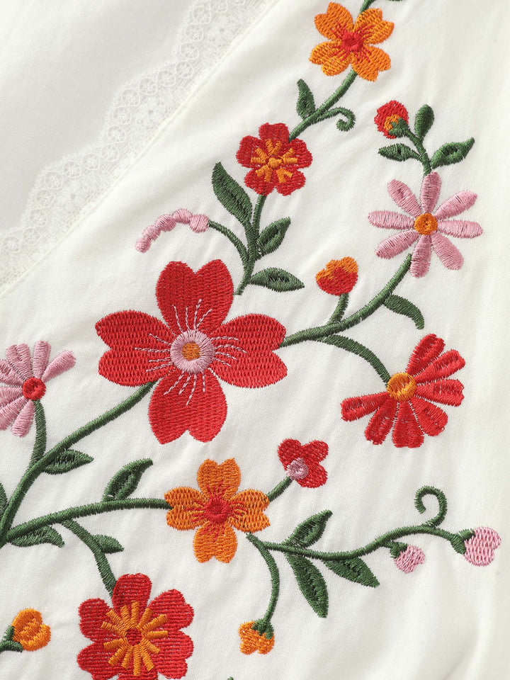 Floral Embroidered Lace Cinched Flared Blouse