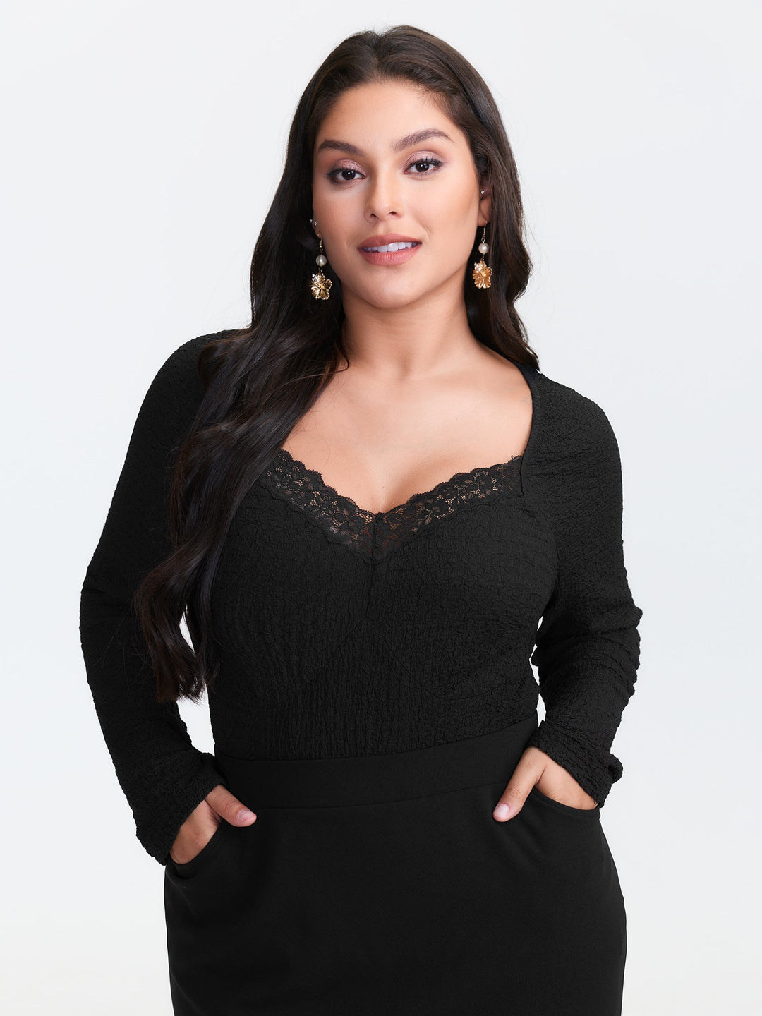 Stretchy Textured Lace Trim Fitted Knit Top