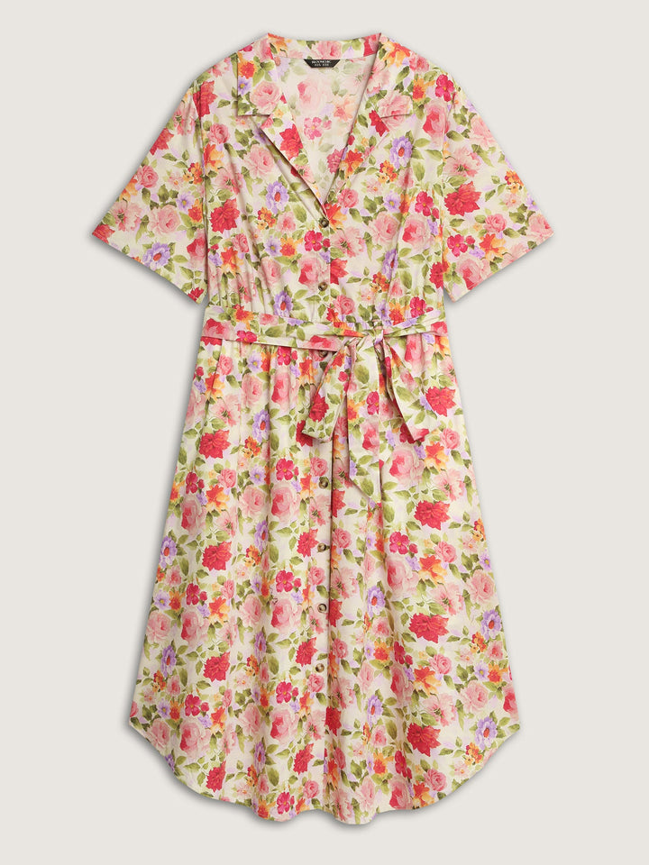 Cotton Bright Floral Belted Midi Dress