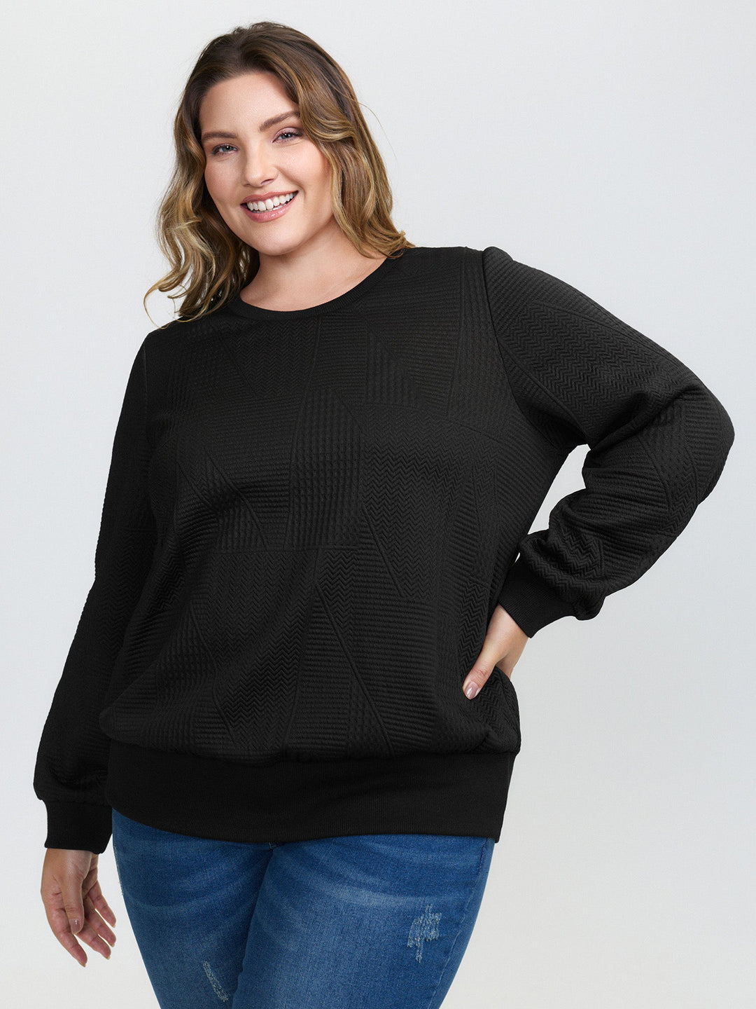 Round Neck Textured Solid Sweatshirt