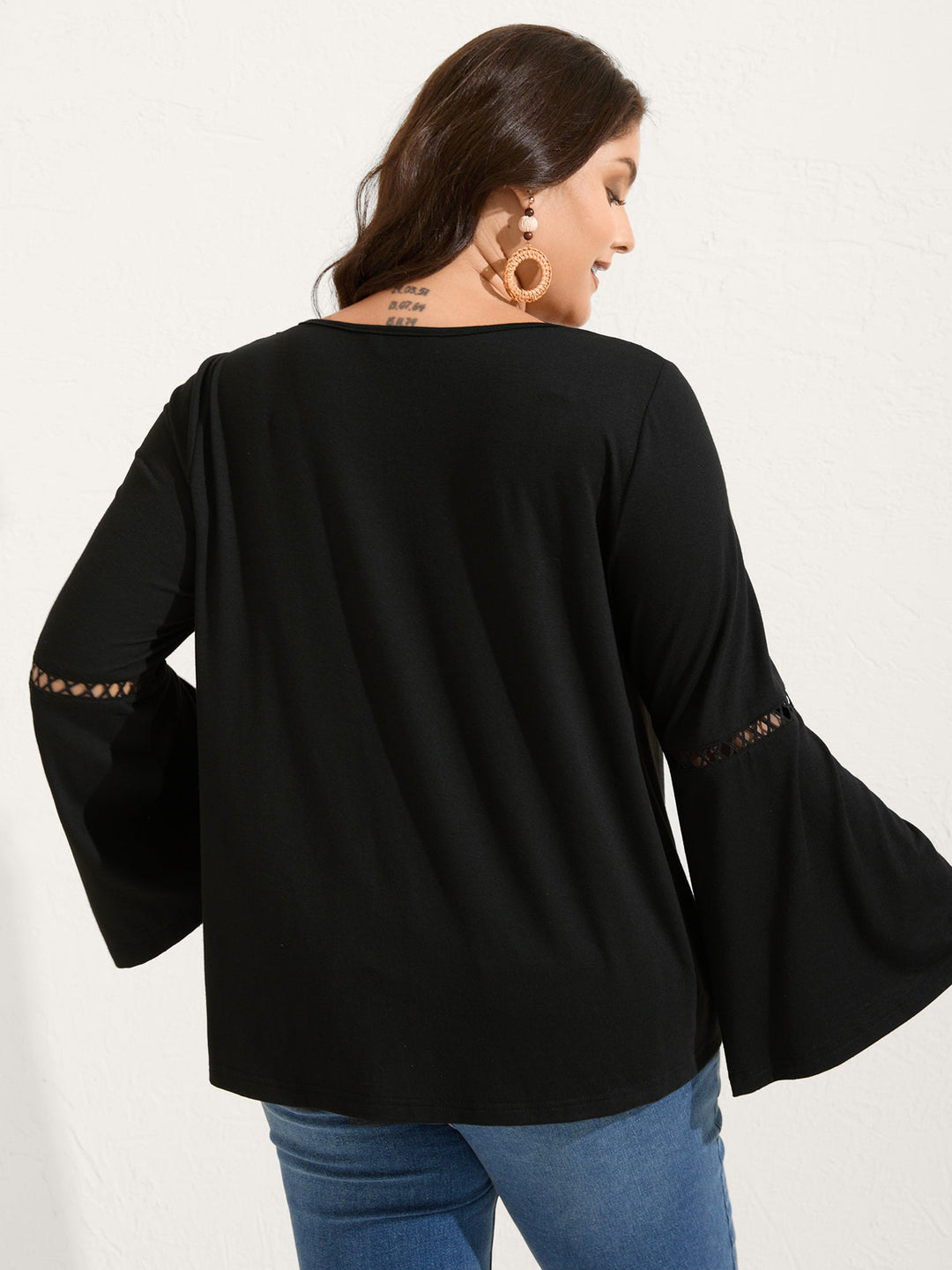 Floral Neck Embroidery Lace Trim Knit Top