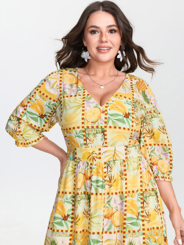 Fruity Collage Cinched Waist Slit Maxi Dress