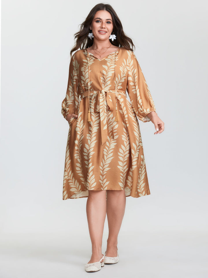Leaf Print Waist-Tie Round Neck Midi Dress