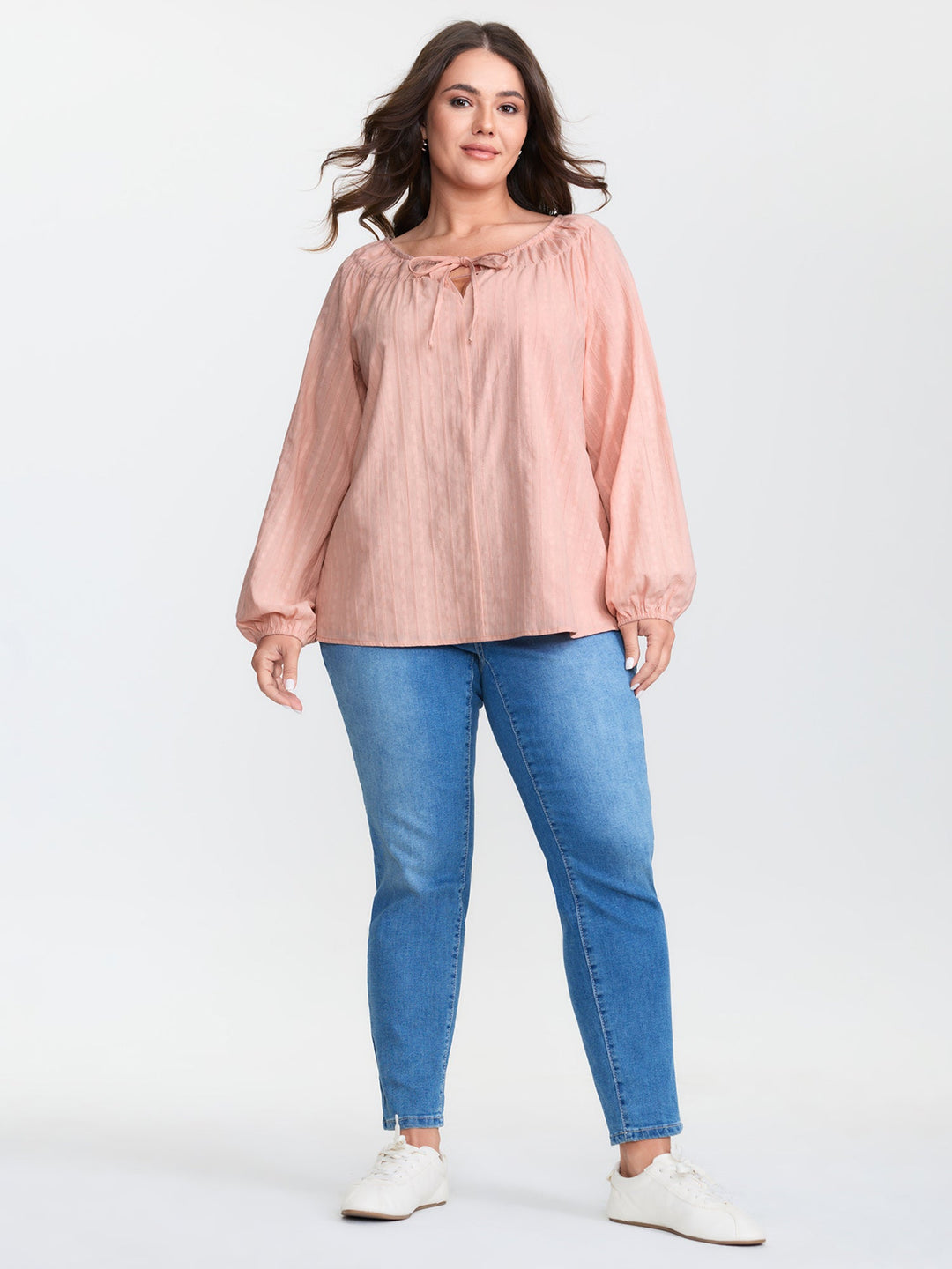 Pure Cotton Jacquard Neck-Tie Blouse
