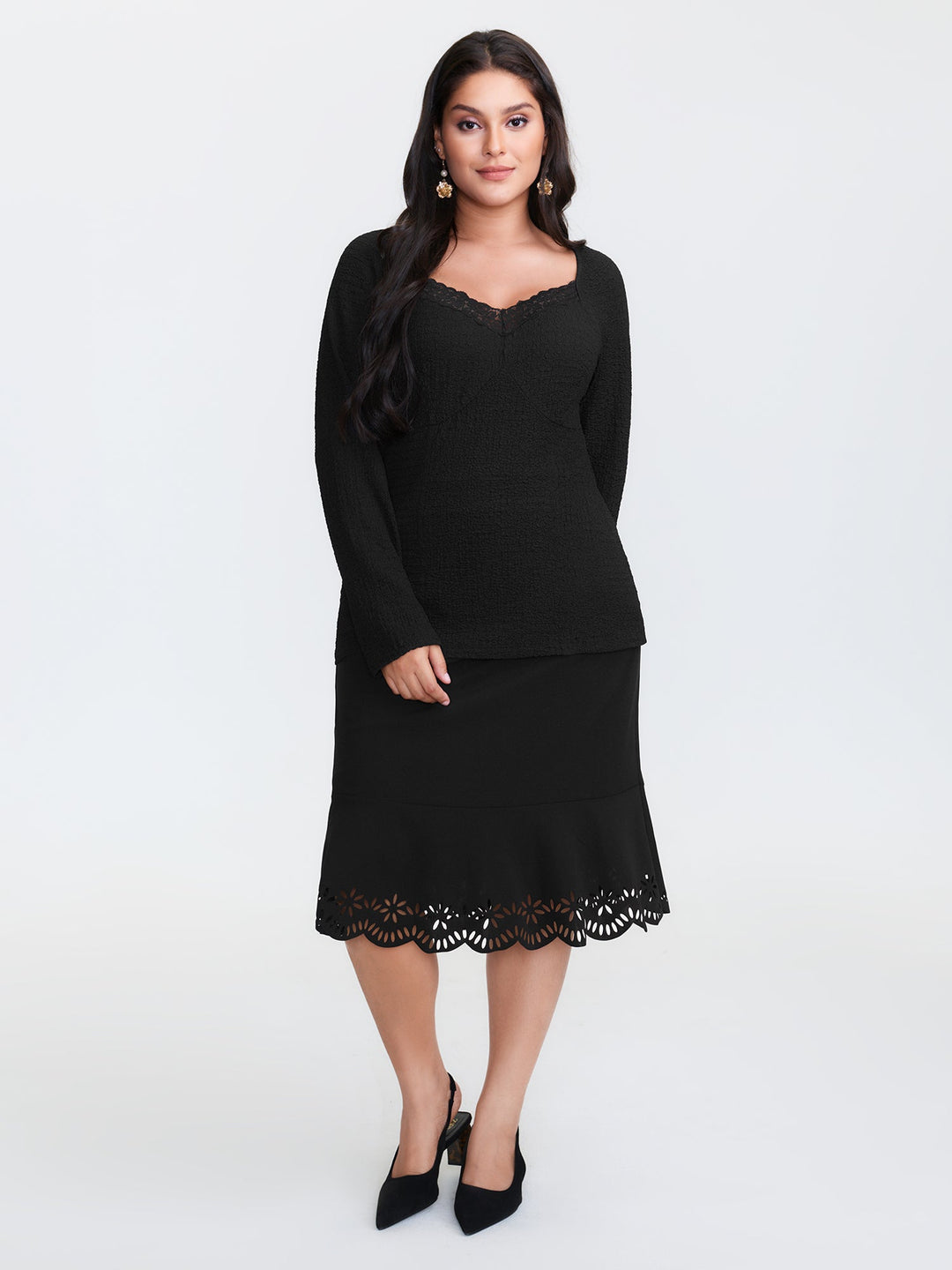 Stretchy Textured Lace Trim Fitted Knit Top