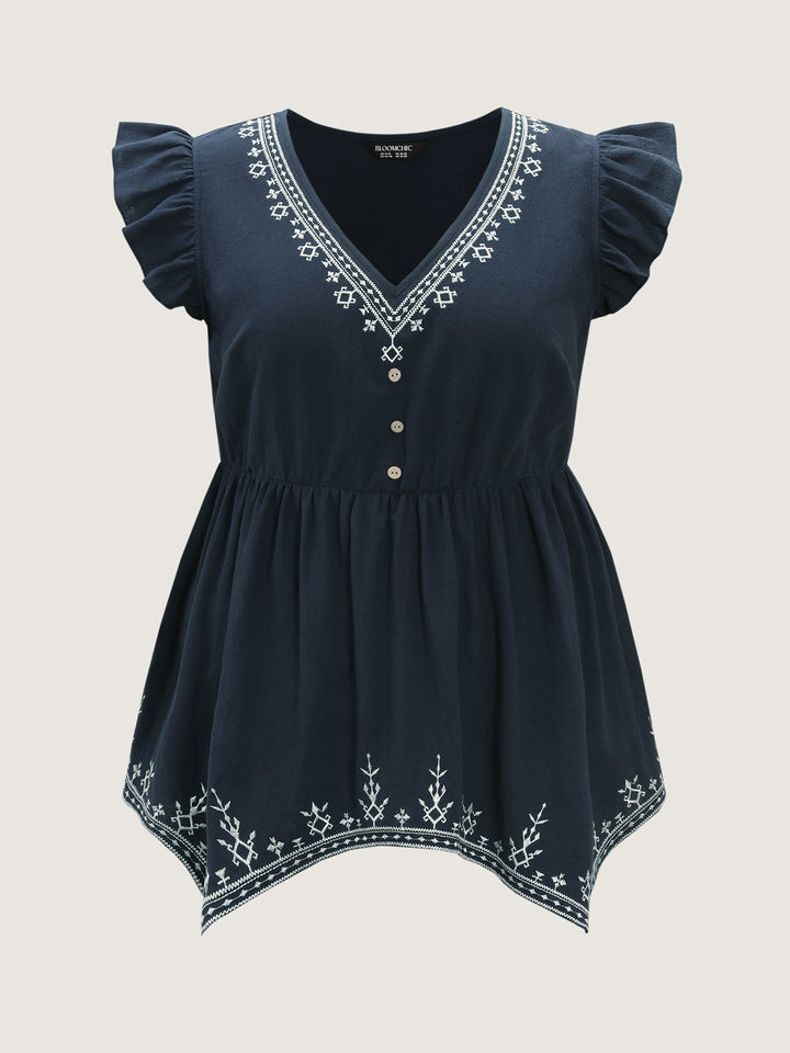 Cotton Embroidered Flutter Sleeve High-Low Hem Blouse