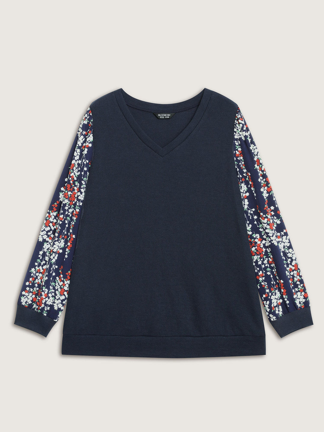Textured Floral Sleeve V-Neck Sweatshirt