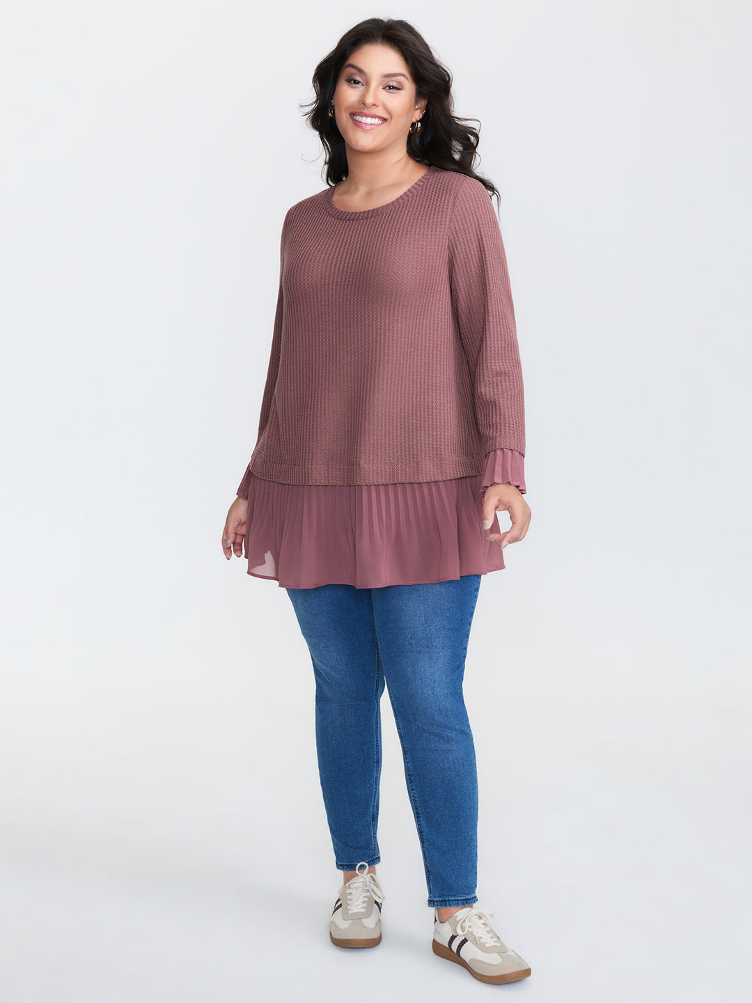 Waffle Chiffon Hem Crew Neck Top