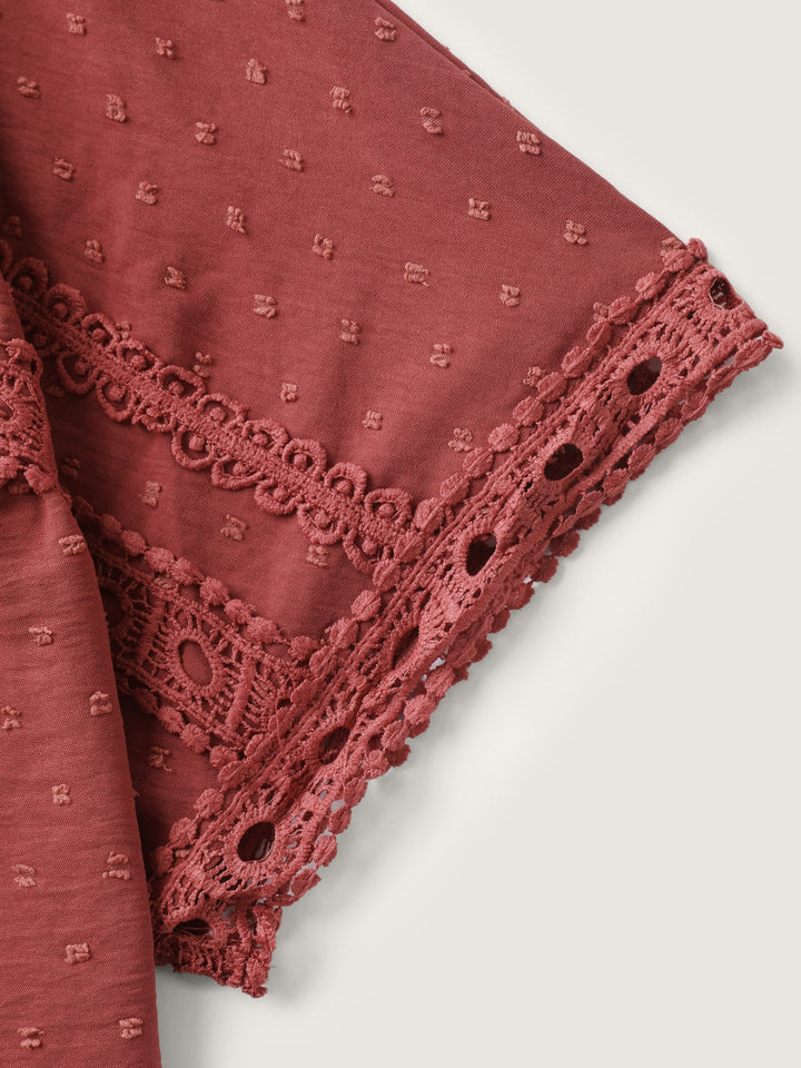 Textured Lace Trim Solid Blouse