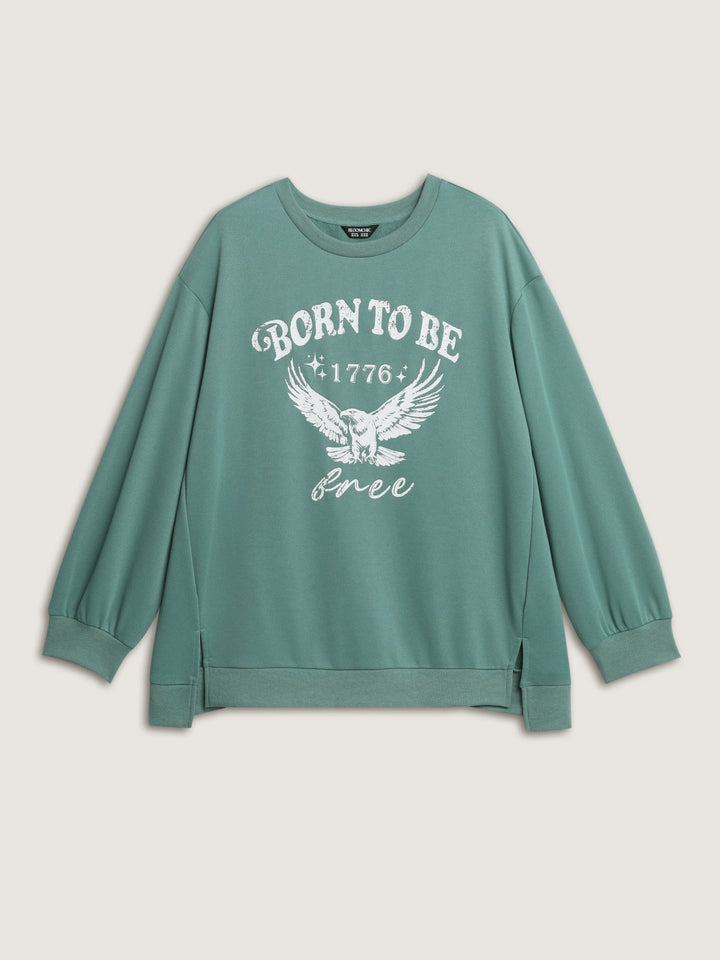 Printed Slogan Slit Sides Ribbed Sweatshirt