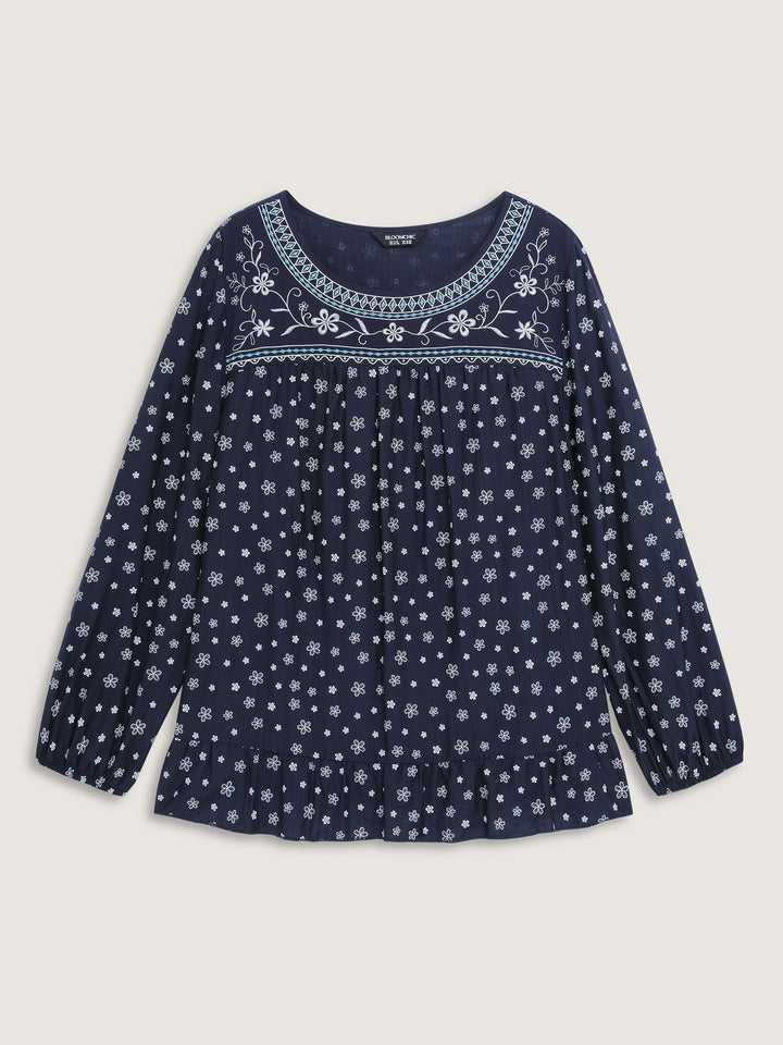 Supersoft Embroidered Ruffled Hem Blouse
