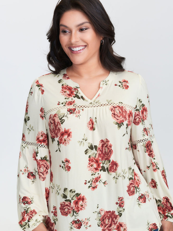 Supersoft Floral Lace Trim Knit Top