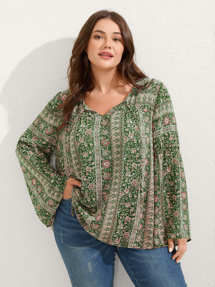 Chiffon Floral Sheer Print Neck-Tie Blouse
