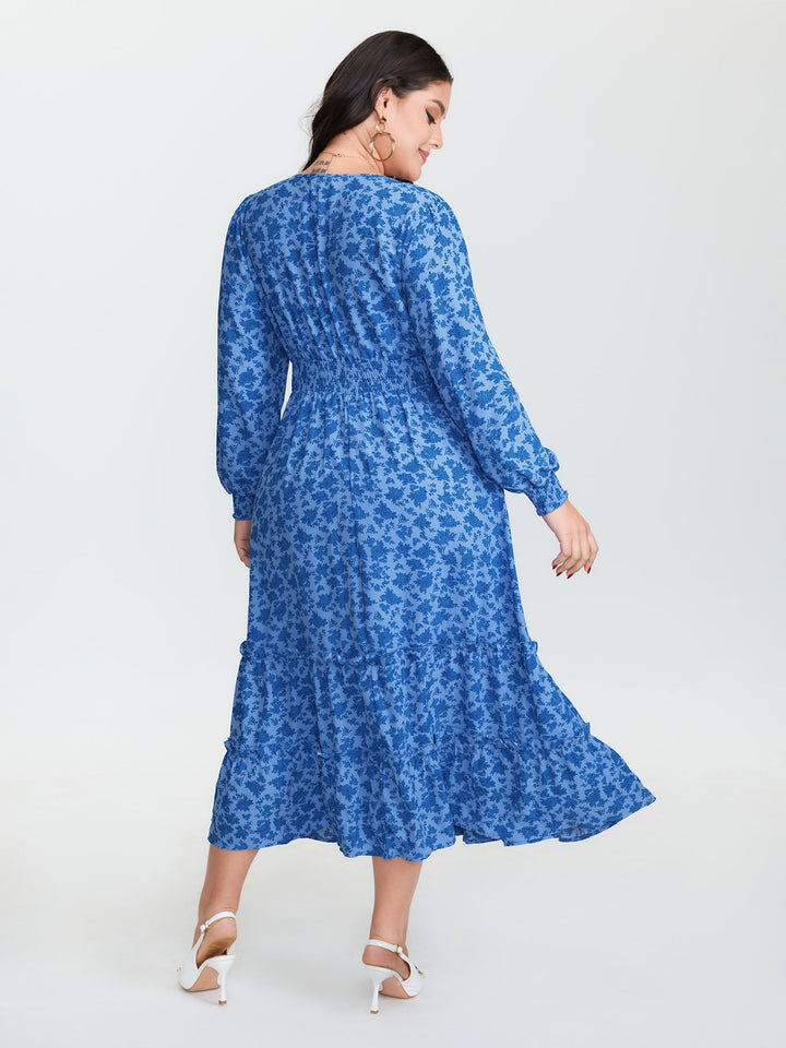 Floral Pleated Waist Button Ruffled Midi Dress