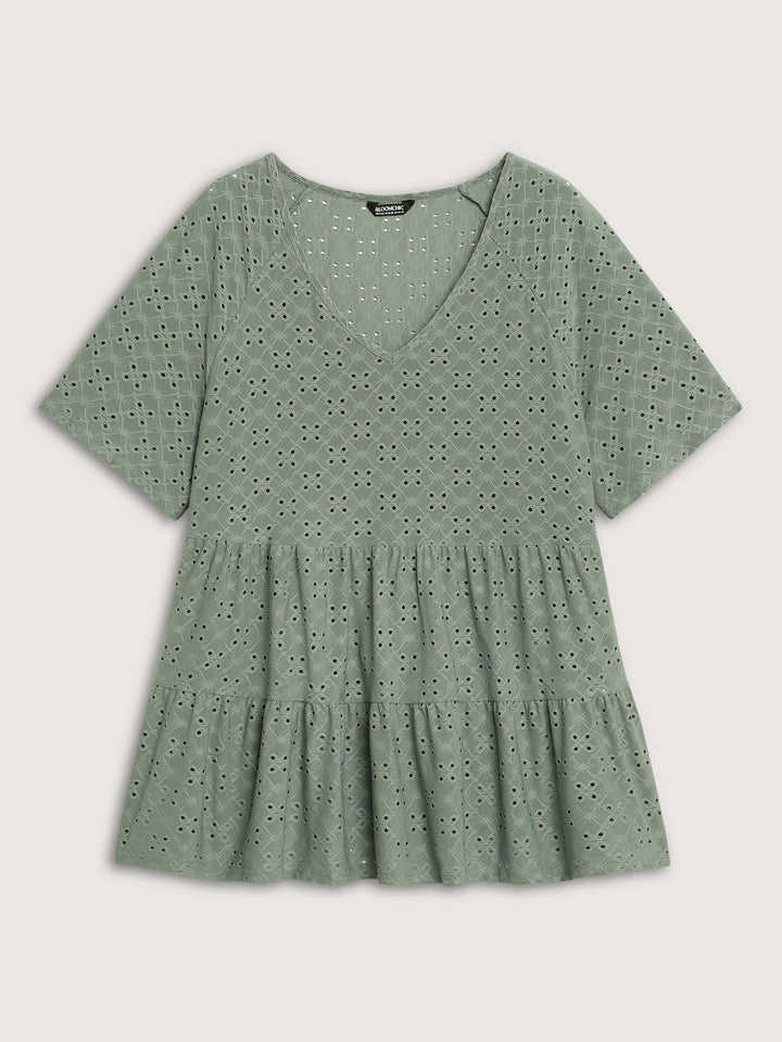 Solid Broderie Anglaise Ruffle Layered Hem T-shirt