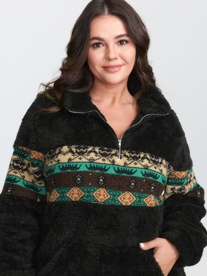 Geometric Print Zipper Collar Sweatshirt