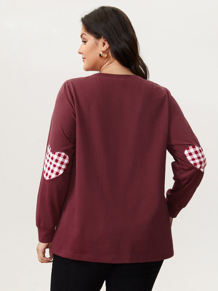 Gingham Heart Patch V-Neck Sweatshirt