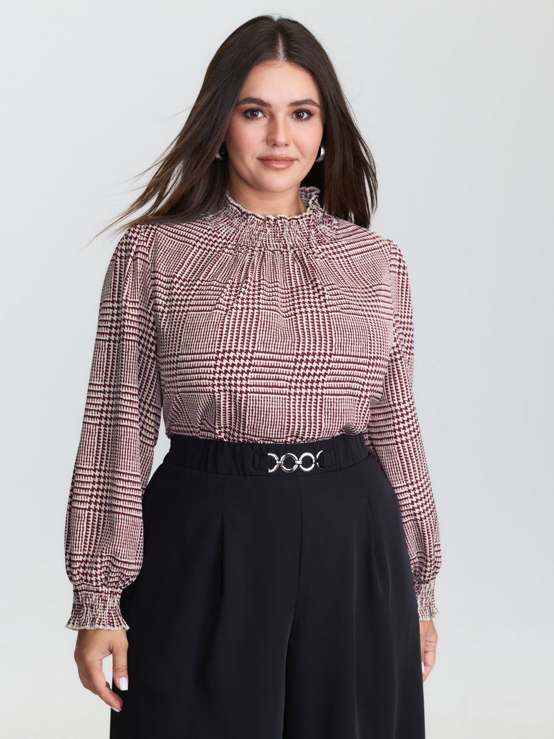 Houndstooth Pattern Ruffled Collar Blouse