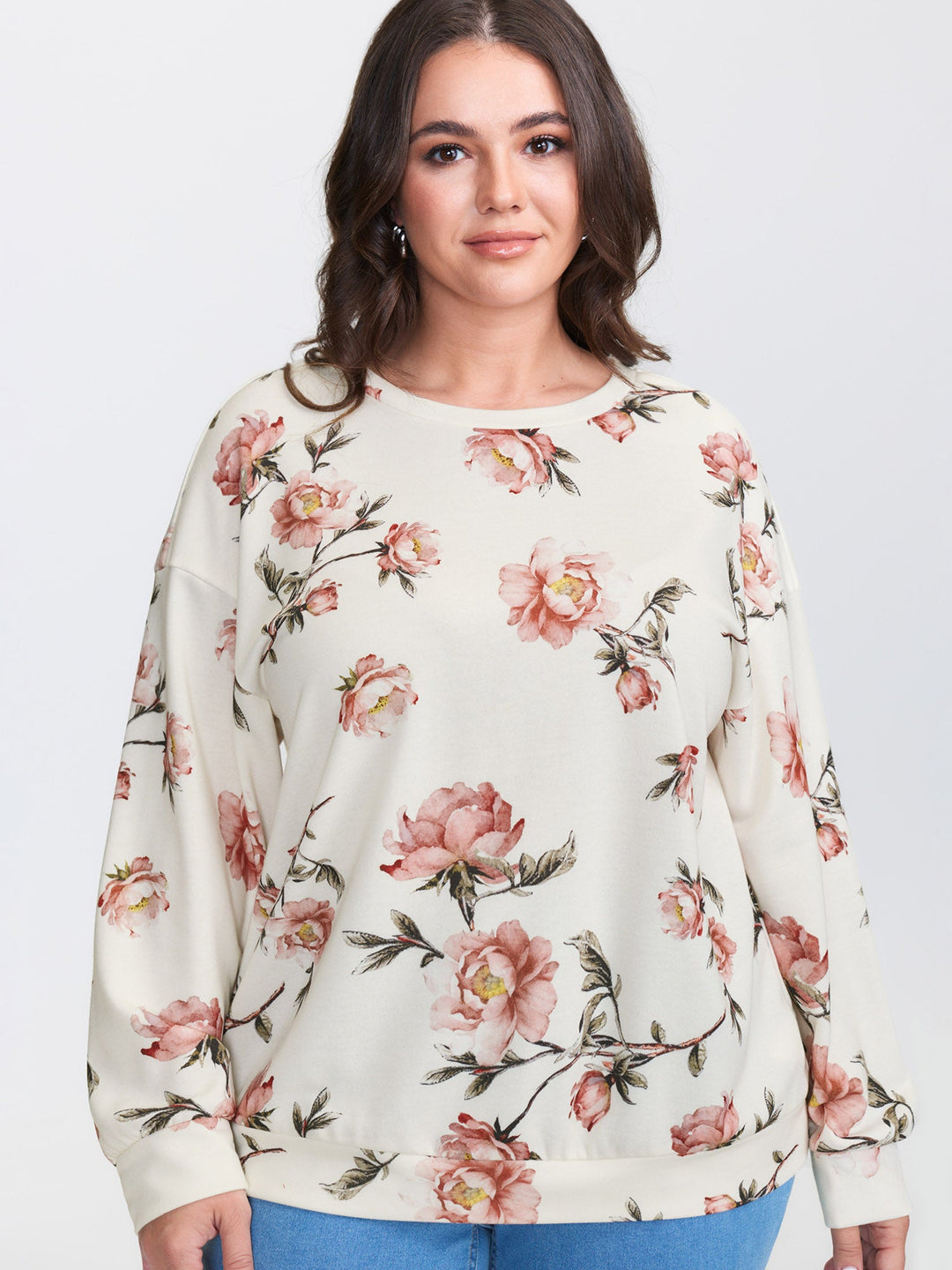 Rose Print Drop Shoulder Sweatshirt