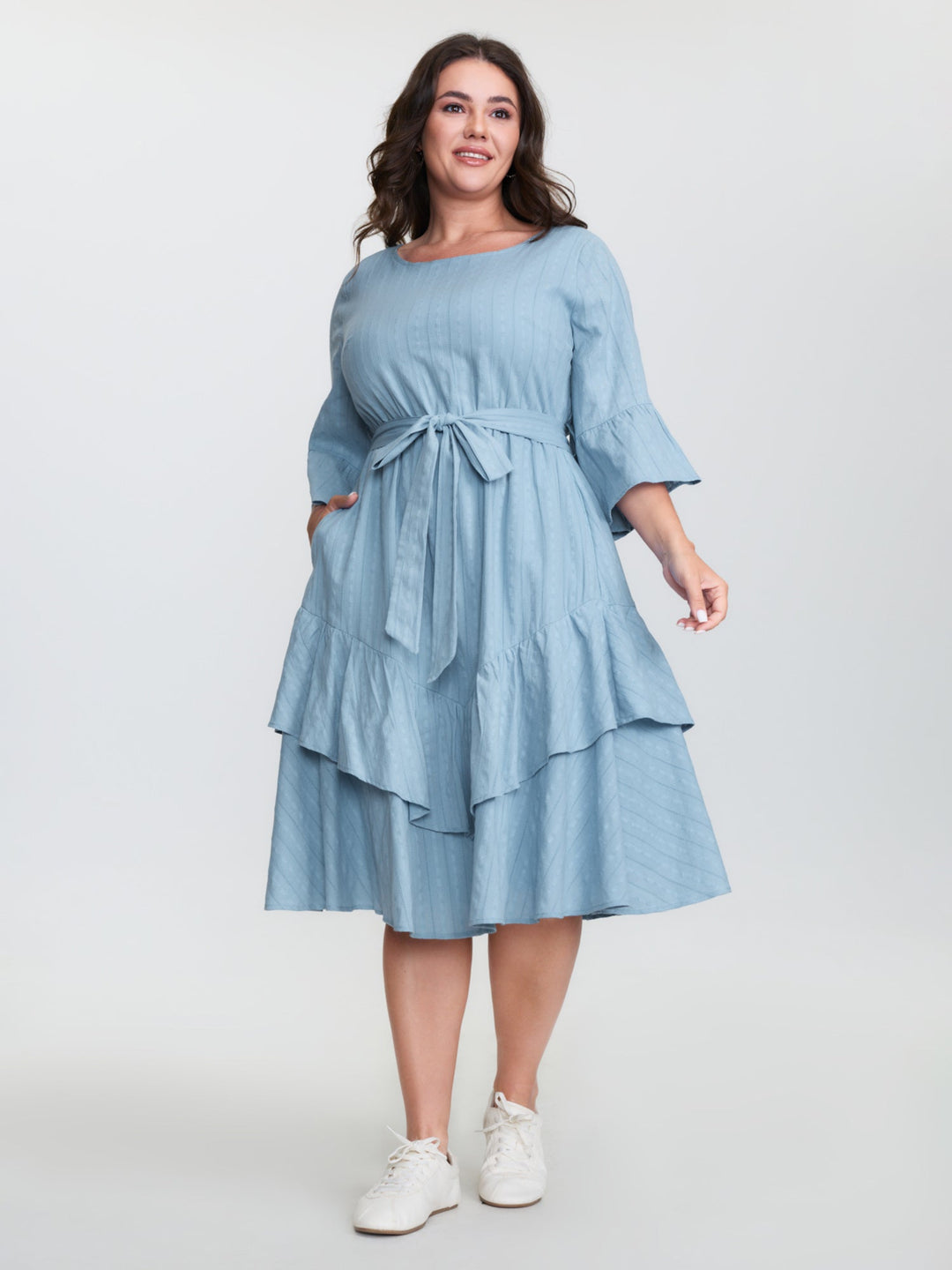 Pure Cotton Jacquard Textured Waist-Tie Midi Dress