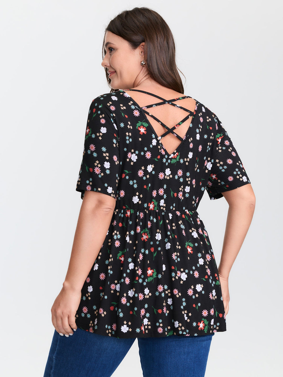Stretchy Crisscross Back Floral Knit Top